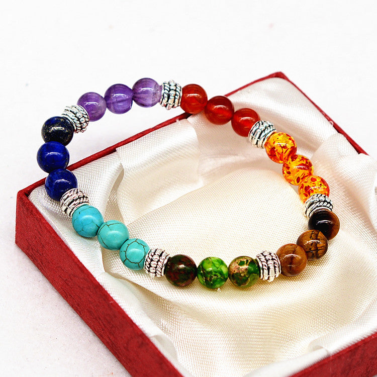 Reiki Ancient Silver Natural Stone Agate Tiger Colorful Crystal Bracelet Seven Chakra Yoga Bracelet