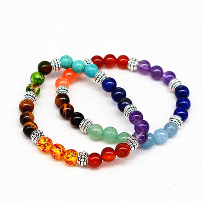 Reiki Ancient Silver Natural Stone Agate Tiger Colorful Crystal Bracelet Seven Chakra Yoga Bracelet