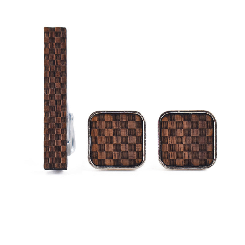 Small Square Lattice Collar Clip Cufflinks Set