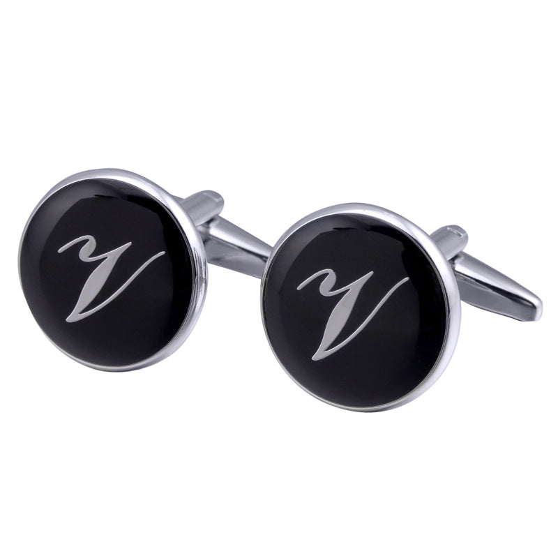 French Cufflinks Black Round Enamel Traditional Letter Cufflinks