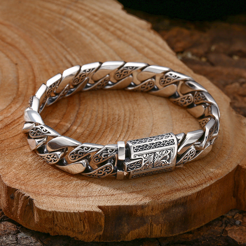 925 Sterling Silver Bracelet Tangcao Pattern Cuban Men Thick Type