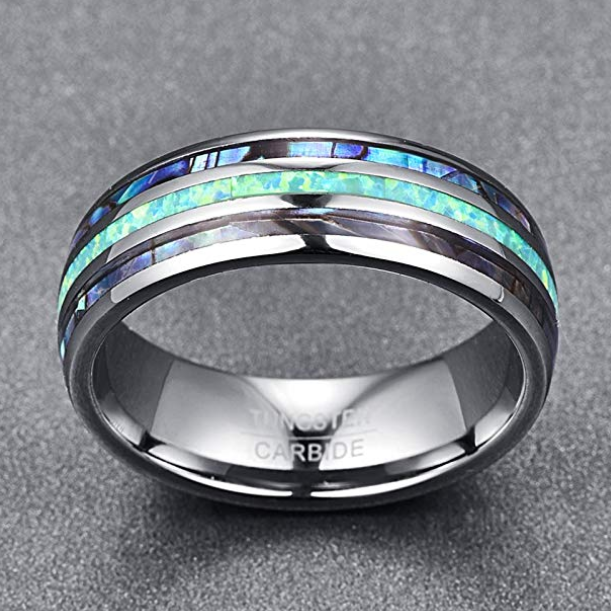 Nuncad 8MM Tungsten Caibide Wedding Ring Band Abalone Shell And Synthetic Opal For Men and Women