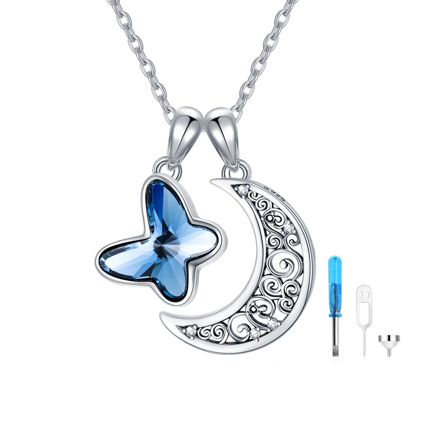 Sterling Silver Urn Crescent Moon Cremation Memorial Pendant With Blue Butterfly Necklace