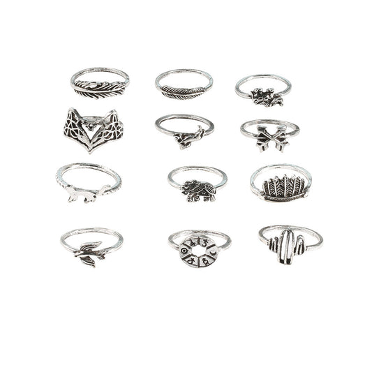 Retro Alloy Set Leaf Fox Elephant Ring 12-Piece Set