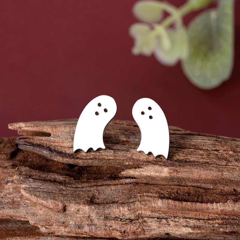 Funny Silver Ghost Stud Earrings