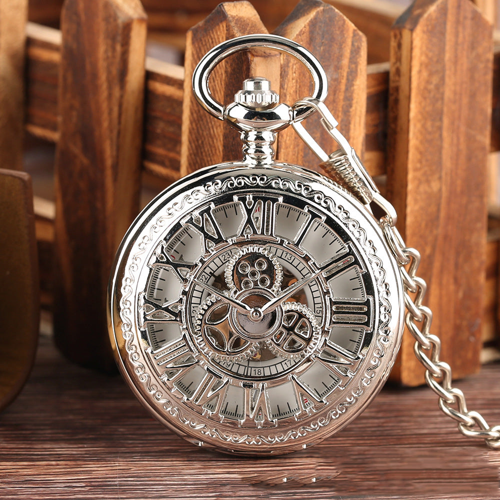 Hot Retro Flip Hollow Necklace Pocket Watch Red Copper Hollow Gear Roman Face