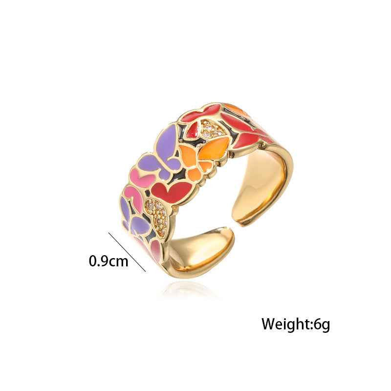 Fashionable Personality Dripping Copper Micro-Inlaid Zircon Butterfly Ring Female