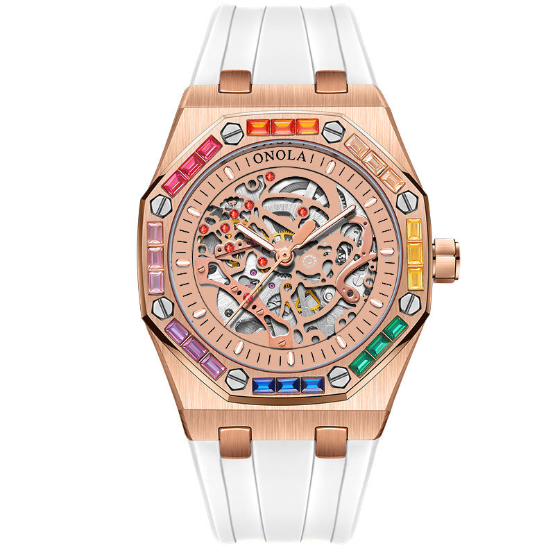 Men's Silicone Band Rainbow Diamond Automatic Mechanical Watch