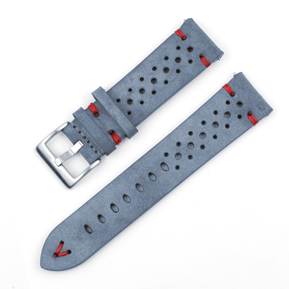 Gray-Blue Multi-Hole Stitching Leather Watch Band