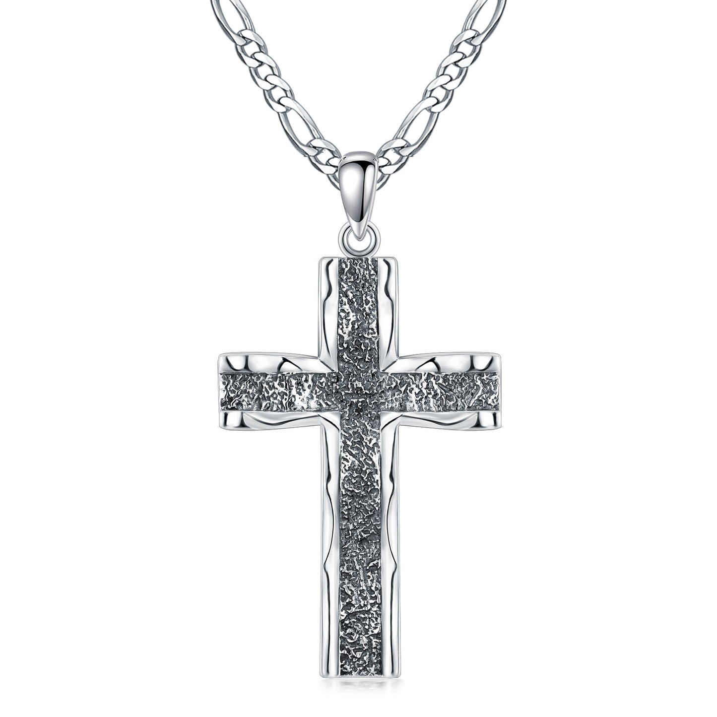 925 Sterling Silver Cross Pendant With Stainless Steel Figaro Chain Oxidized Cross Necklace Christian Jewelry