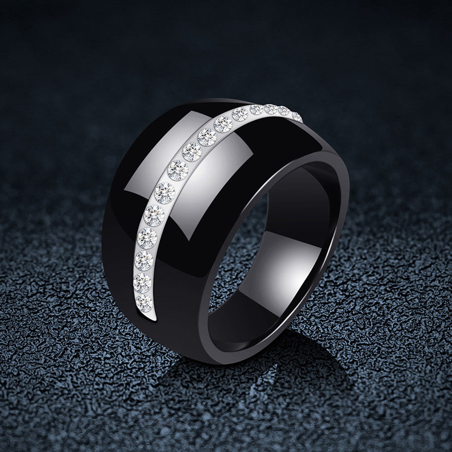 Single Row Diamond-Embedded Elegant Ceramic Ring