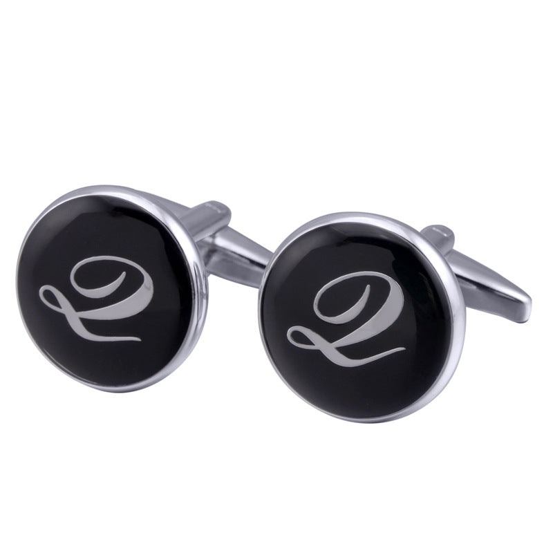 French Cufflinks Black Round Enamel Traditional Letter Cufflinks