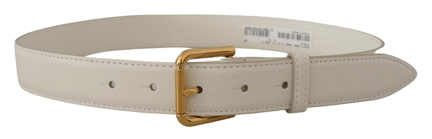 Dolce & Gabbana Chic White Leather Belt with Gold Engraved Buckle