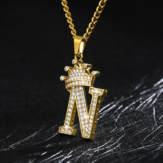 Crown Pendant Stainless Steel Letter Necklace