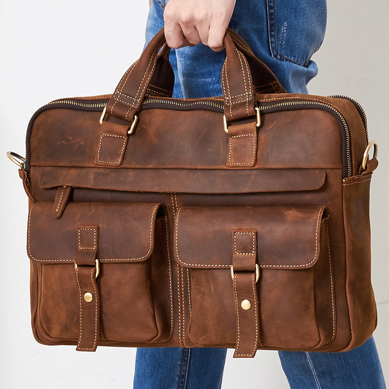 Genuine Men''S Bags Retro Men''S Business Bags Briefcase Cowhide Oblique Bag 15.6 Inch Laptop Bag