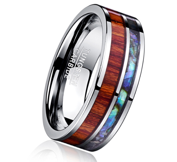 8MM Wide Tungsten Steel Ring With Polished Wood Grain Men's Wedding Rings