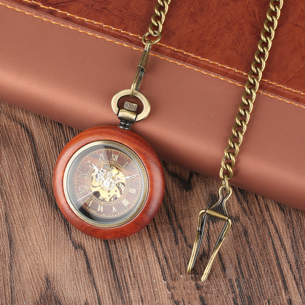 Mahogany Texture Dial Golden Roman Literal Automatic Mechanical Wooden Pocket Watch