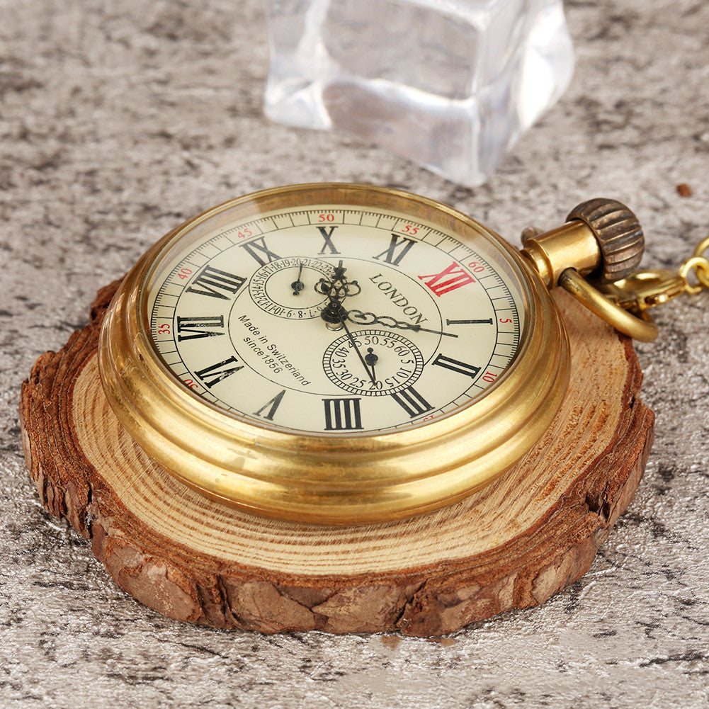 Brass Uncovered Roman Characters Five-Pin Manual Manipulator Large Pocket Watch