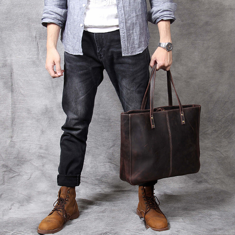 Simple Retro First Layer Cowhide Large-Capacity Handbag Men