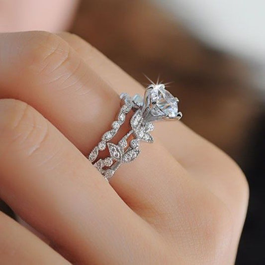 Hot European And American Princess Ring Diamond Set Ring Tree Leaf Engagement Ring