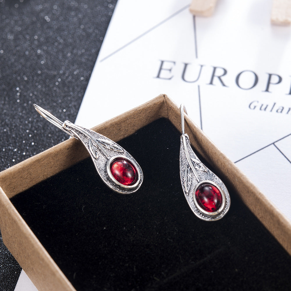 Red Gem Vintage Leaf Earrings