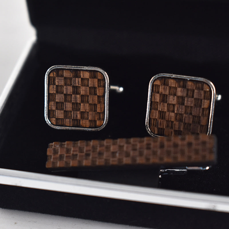 Small Square Lattice Collar Clip Cufflinks Set