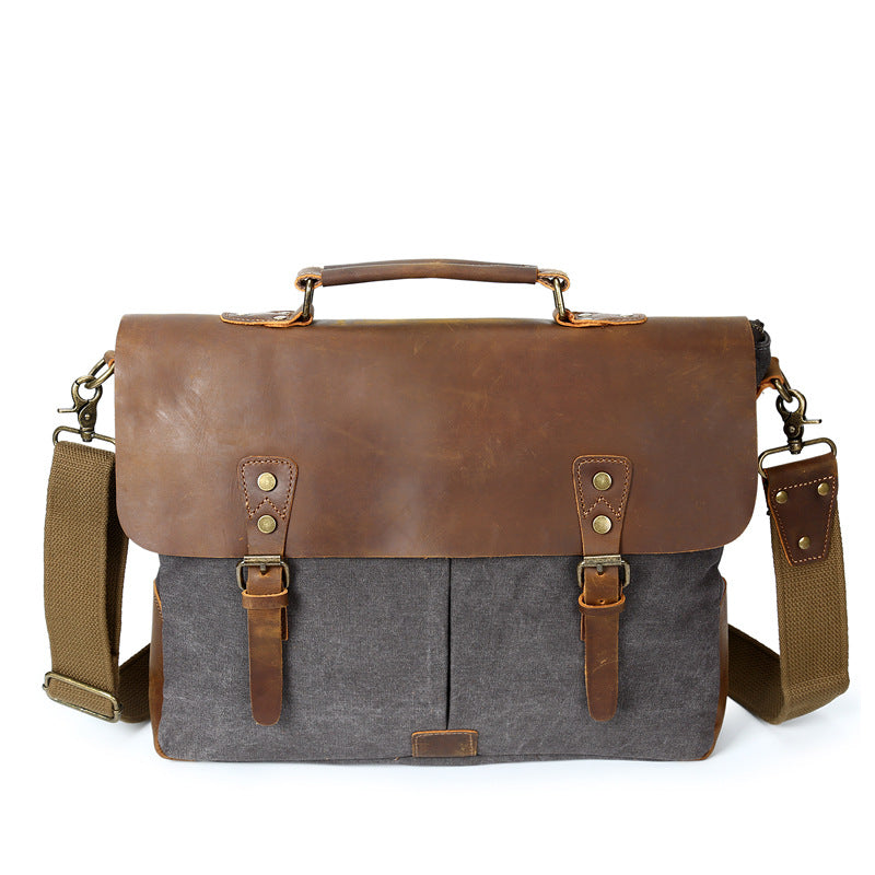 The Source Document Man Satchel Canvas Bag Shoulder Handbag Retro Computer With Crazy Horse Leather Bag