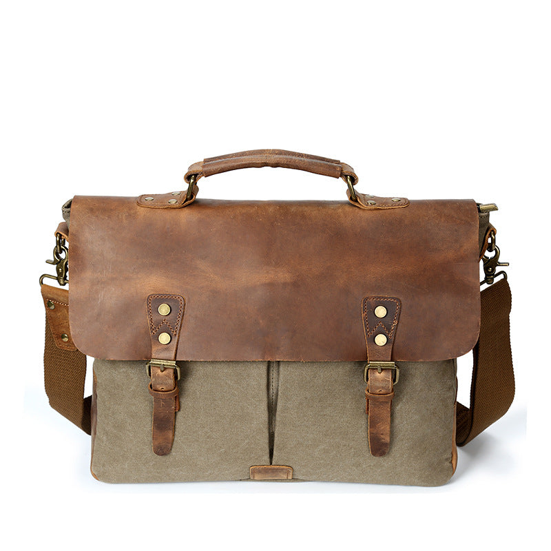 The Source Document Man Satchel Canvas Bag Shoulder Handbag Retro Computer With Crazy Horse Leather Bag