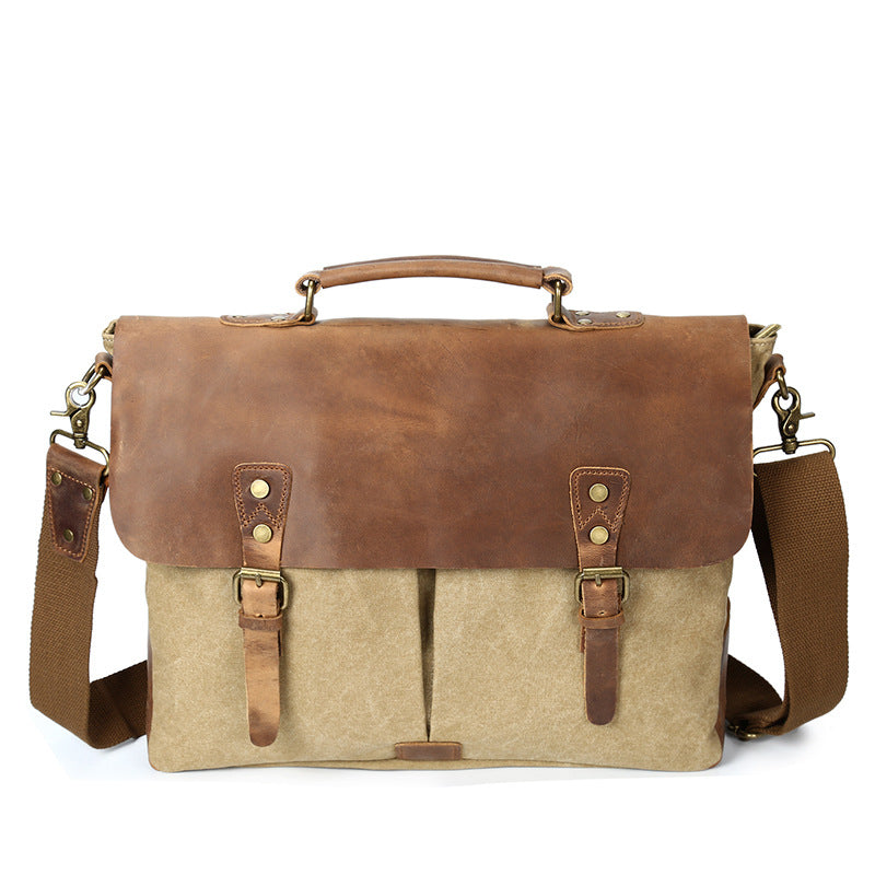 The Source Document Man Satchel Canvas Bag Shoulder Handbag Retro Computer With Crazy Horse Leather Bag