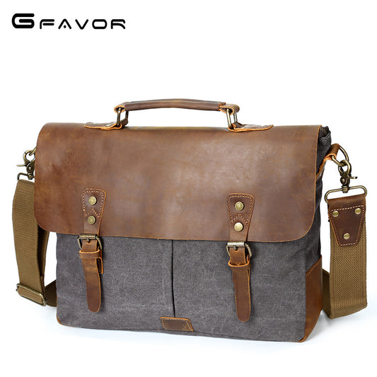 The Source Document Man Satchel Canvas Bag Shoulder Handbag Retro Computer With Crazy Horse Leather Bag