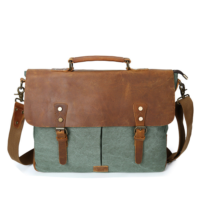 The Source Document Man Satchel Canvas Bag Shoulder Handbag Retro Computer With Crazy Horse Leather Bag