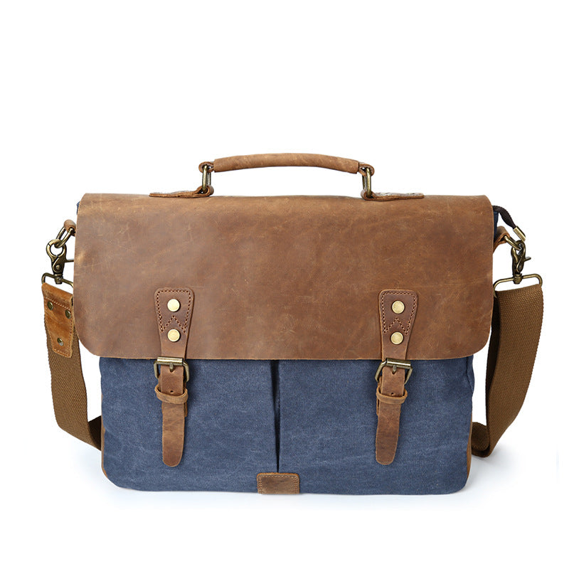 The Source Document Man Satchel Canvas Bag Shoulder Handbag Retro Computer With Crazy Horse Leather Bag