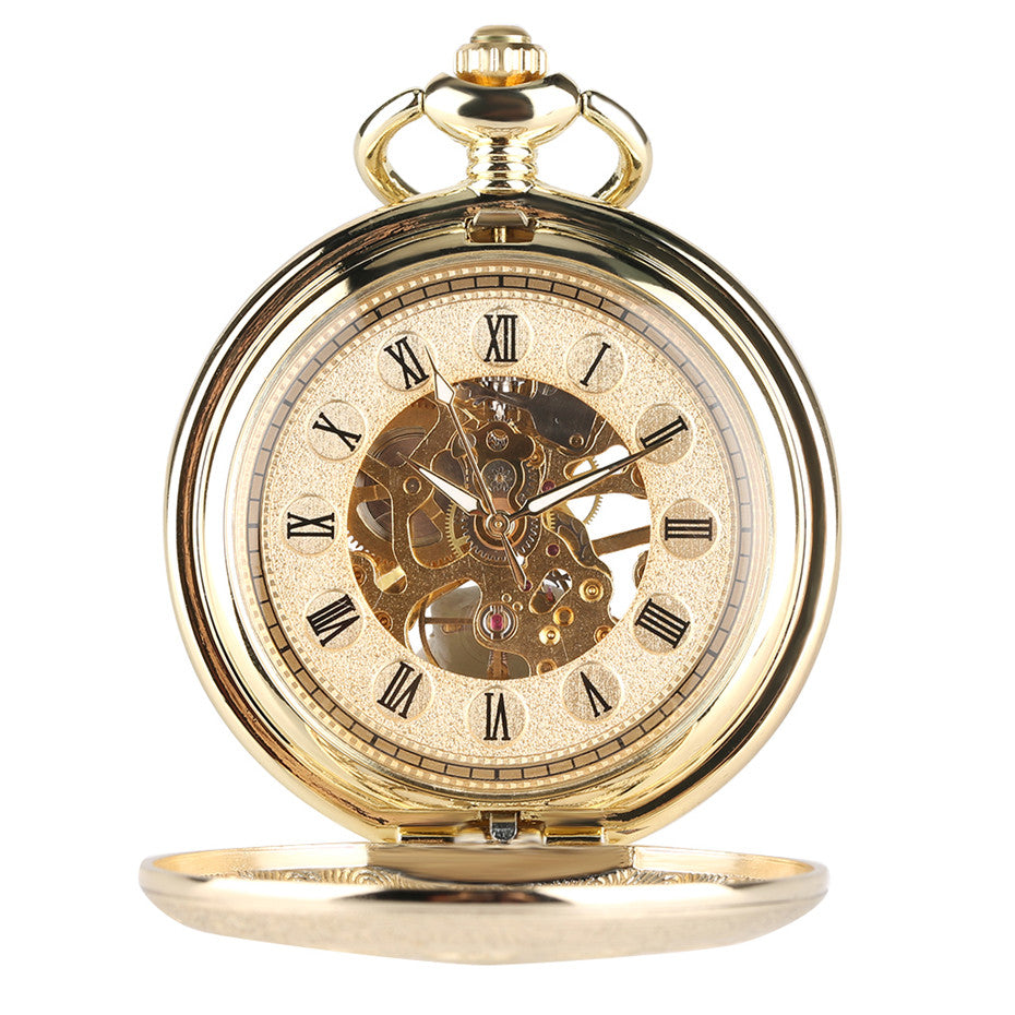 Fashionable Golden Roman Characters Hollow-Out Petals Retro Mechanical Pocket Watch