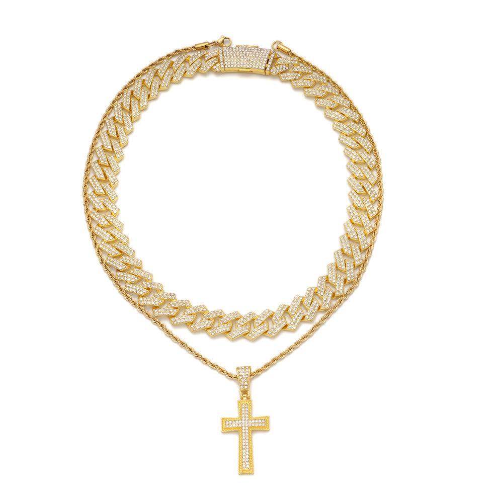 Full Diamond Cross Pendant Cuban Link Chain