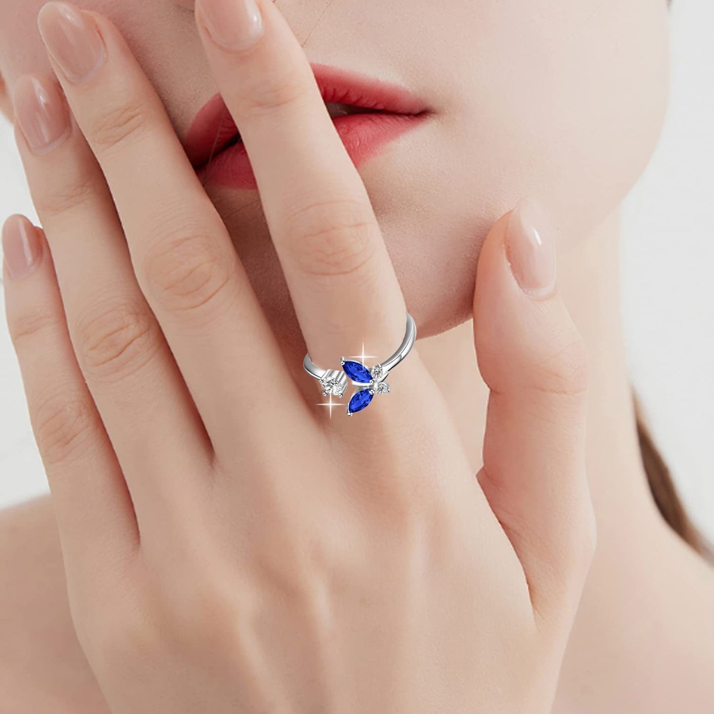 925 Sterling Silver Butterfly Ring With Sapphire Blue Crystal