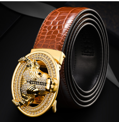 Automatic Buckle  Leather With Diamond-Studded  Pattern Bull Head Belt