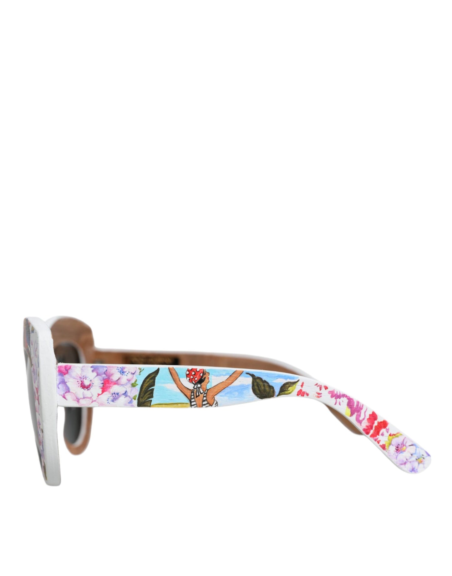 Dolce & Gabbana Multicolor Wood Crystal Brass Frame Floral Hand Paint Sunglasses