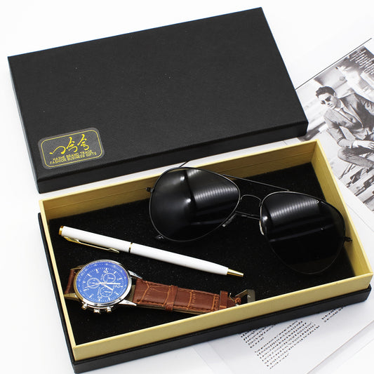 Elegant Men’s Accessory Set With Watch, Pen, And Sunglasses