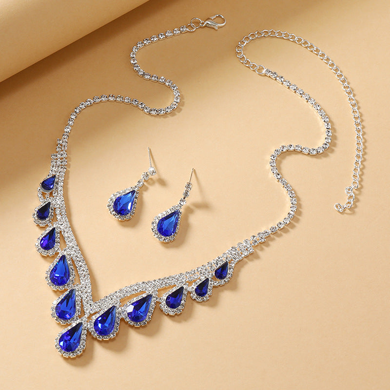 Sapphire Blue Crystal Clavicle Chain Two-Piece Earrings Set