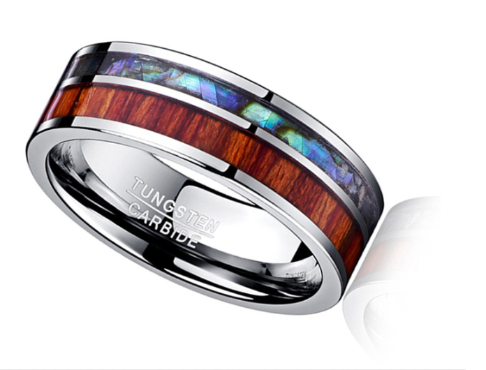 8MM Wide Tungsten Steel Ring With Polished Wood Grain Men's Wedding Rings