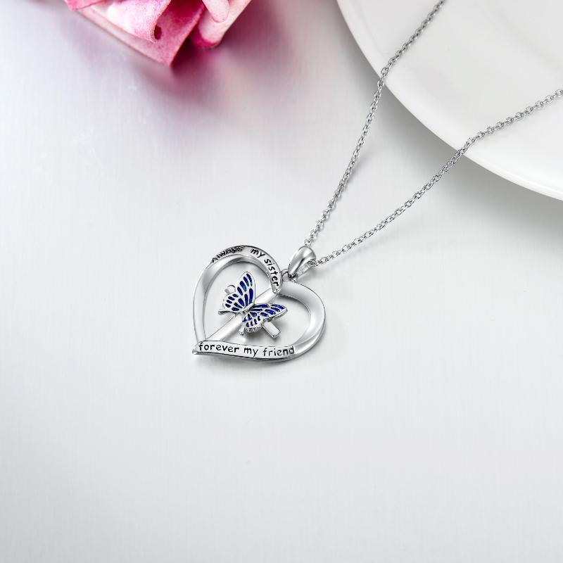 Butterfly Heart Pendant Necklace In White Gold Plated Sterling Silver