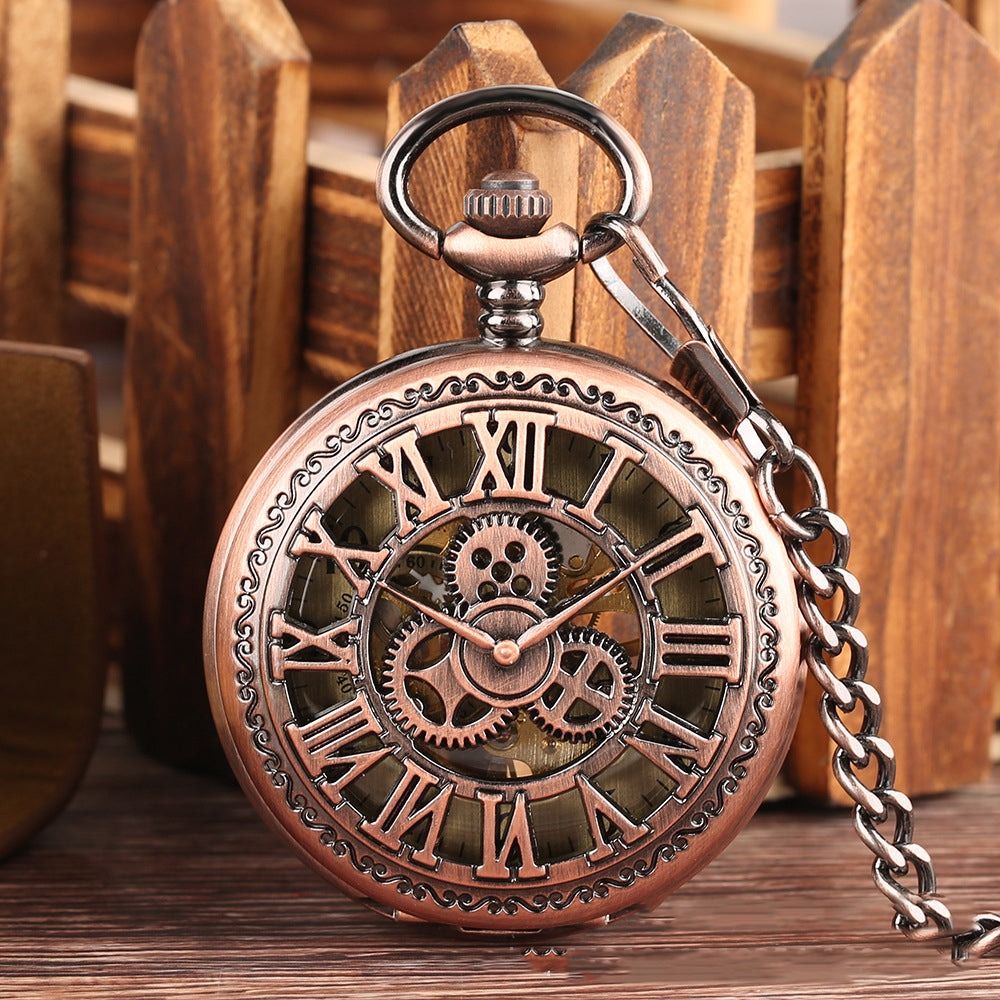 Hot Retro Flip Hollow Necklace Pocket Watch Red Copper Hollow Gear Roman Face