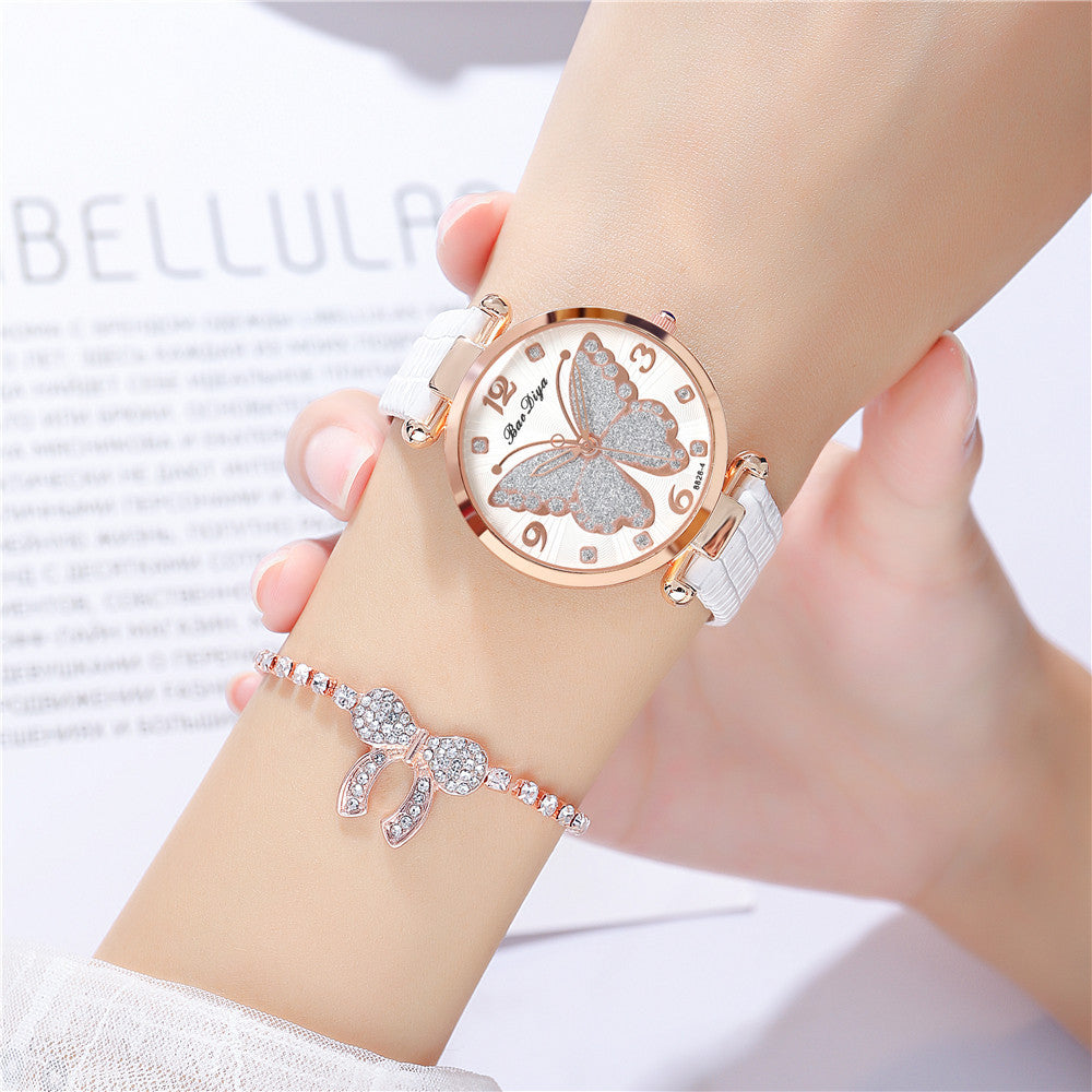 Glitter Butterfly Pattern Quartz Ladies Casual Belt Watch