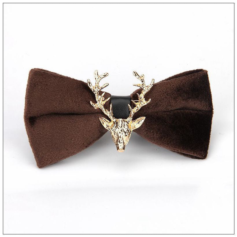 Gold Velvet Christmas Elk Head Wedding Bow Tie