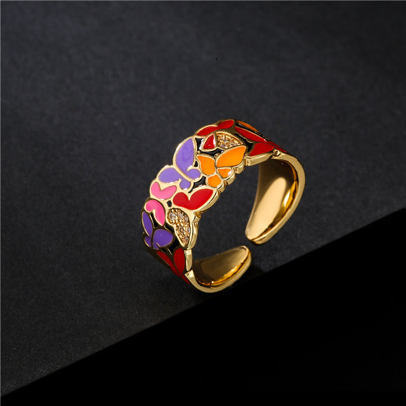 Fashionable Personality Dripping Copper Micro-Inlaid Zircon Butterfly Ring Female