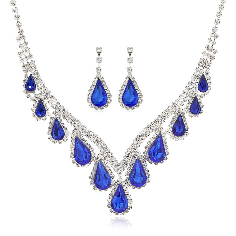 Sapphire Blue Crystal Clavicle Chain Two-Piece Earrings Set