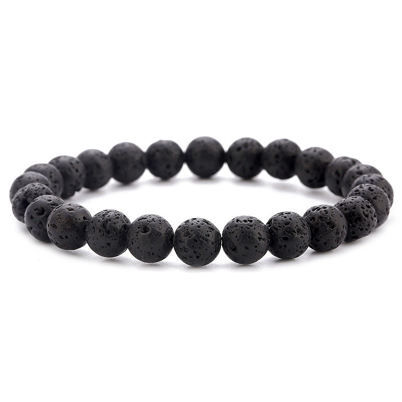 Natural Stone Beads Black Lava Rock Stone White Stretch Charm Strand Bracelet