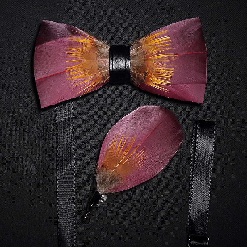 Fashion Feather Bow Tie Groomsman Brooch Collar Flower Pin