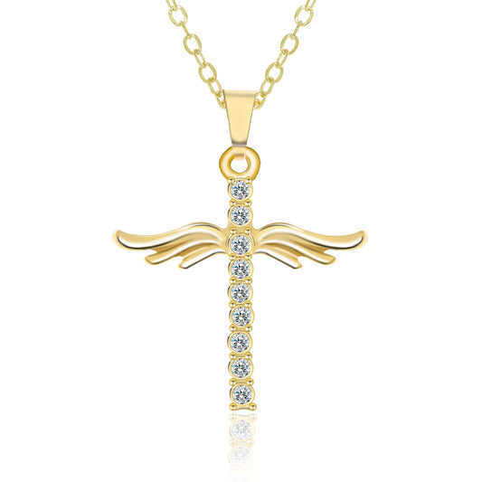 Simple Cross Diamond Angel Wings Pendant