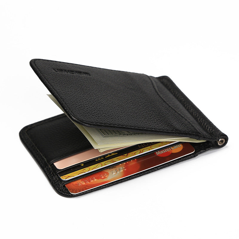 Man Of Men's Wallet Short Casual Embossed Wallet Ultra-Thin Mini Metal Clip PU Leather Wallet Card Package.